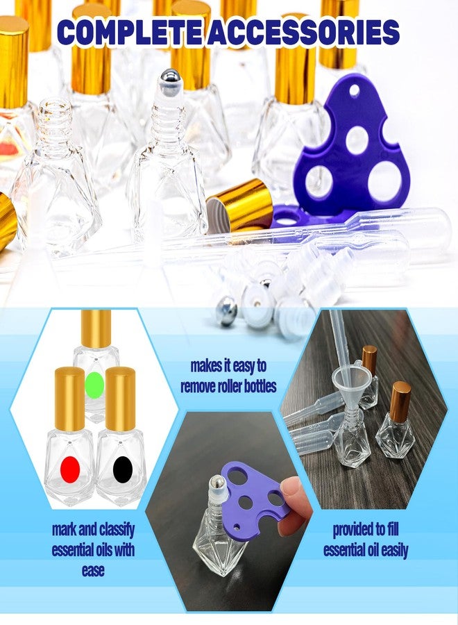 Waltool 41Pcs 8ml/0.27oz Polygonal Clear Glass Roller Bottles Kit Contains Stainless Steel Empty Refillable Roll on Glass Bottles, Funnels, Blank Labels, Opener, Pipettes for Essential Oil - Image 5